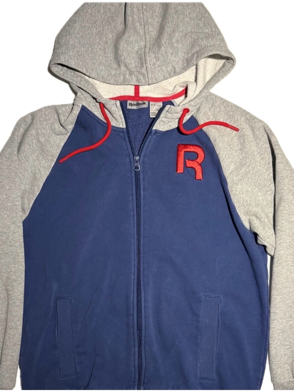 Vintage Reebok Varsity Colorblock Full Zip Hoodie Navy Grey Medium